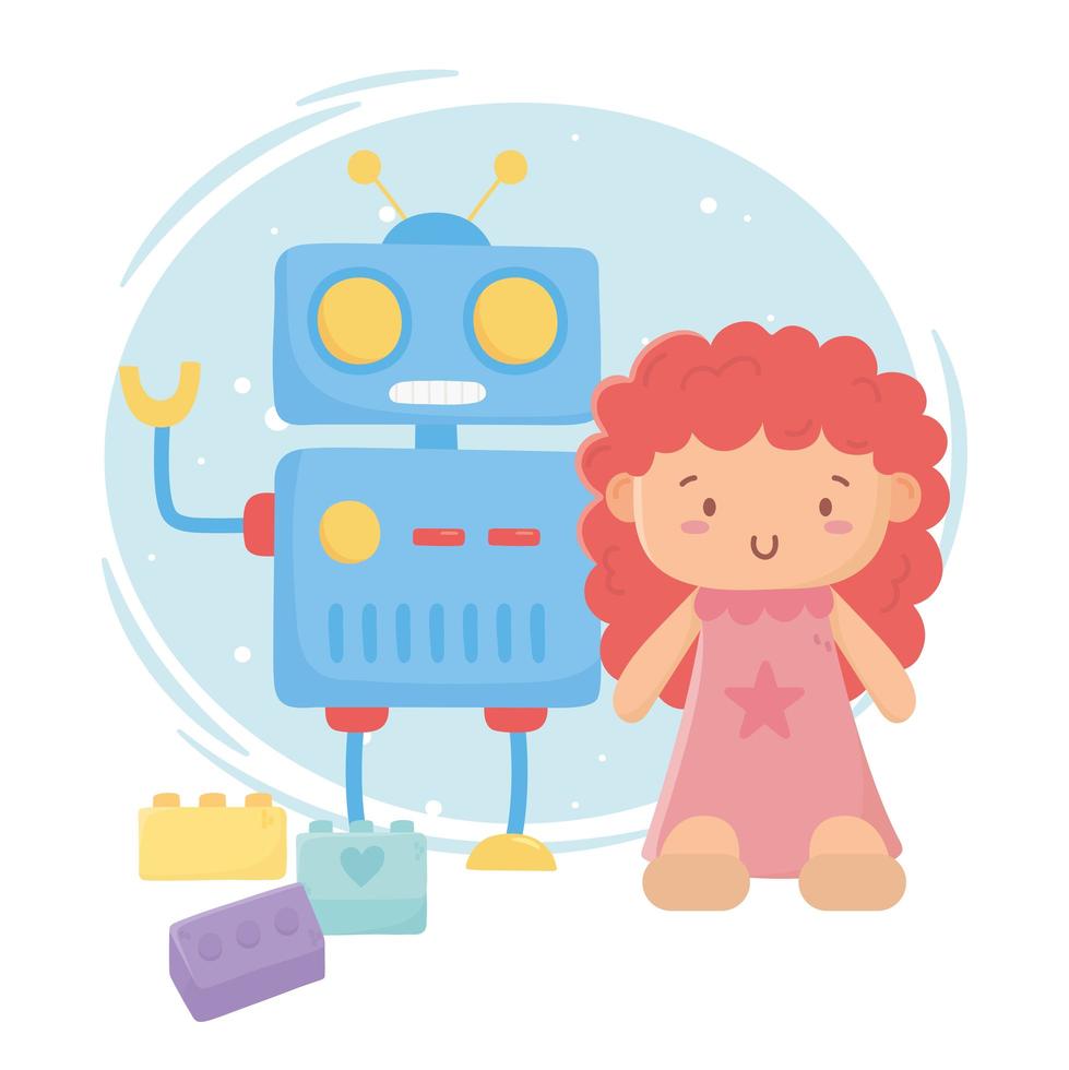 juguetes para niños objeto divertido dibujos animados lindo muñeca robot y bloques vector