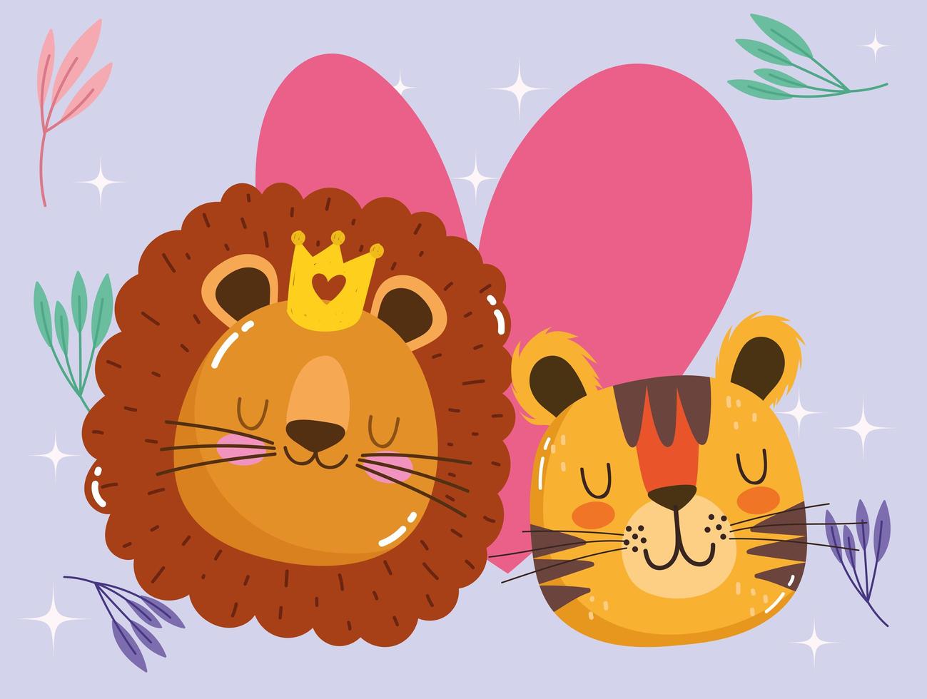 cute cartoon animals adorable faces tiger and lion with crown vector