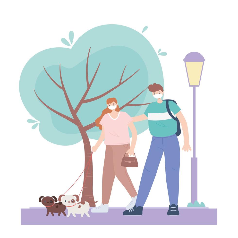 personas con mascarilla médica, pareja caminando con perros en el parque, actividad de la ciudad durante el coronavirus vector