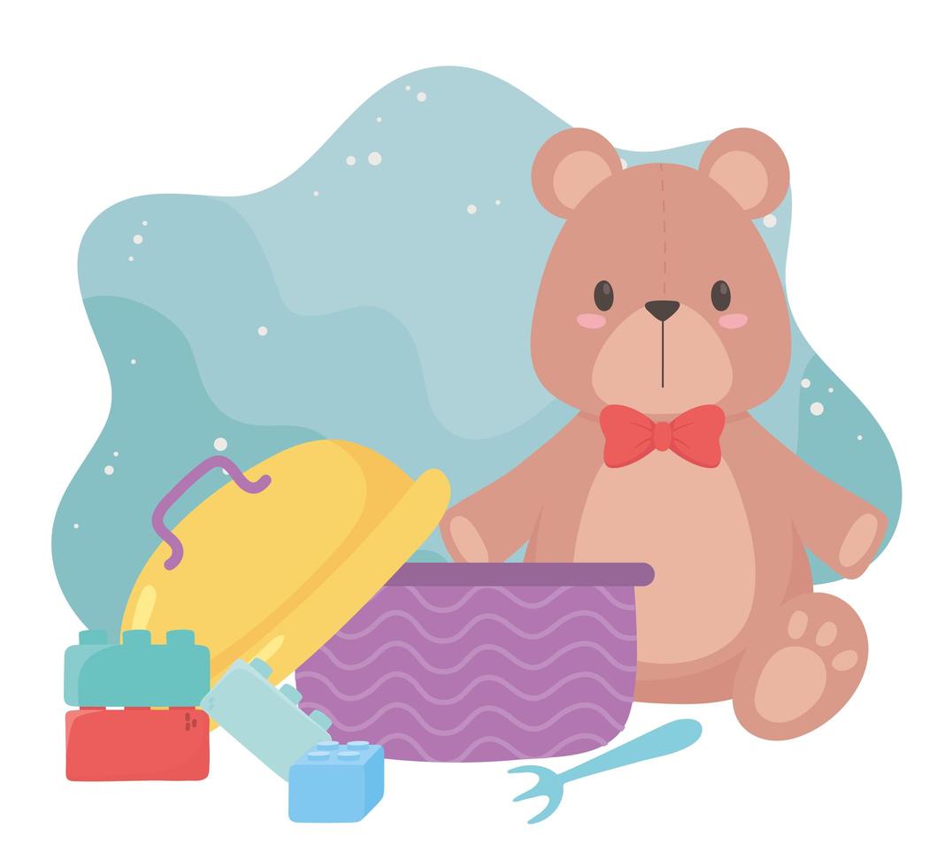 kids toys object amusing cartoon teddy bear blocks and lunch box vector
