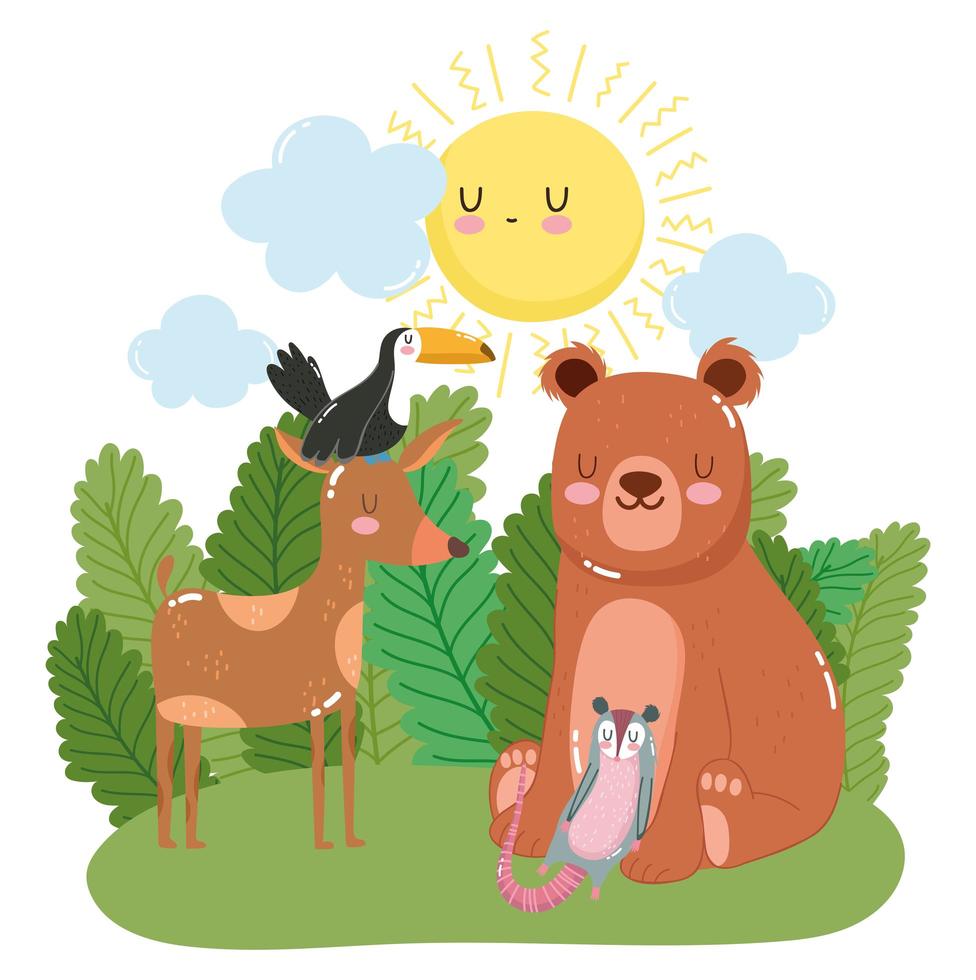 cute bear deer toucan and opossum on grass bushes nature wild cartoon vector