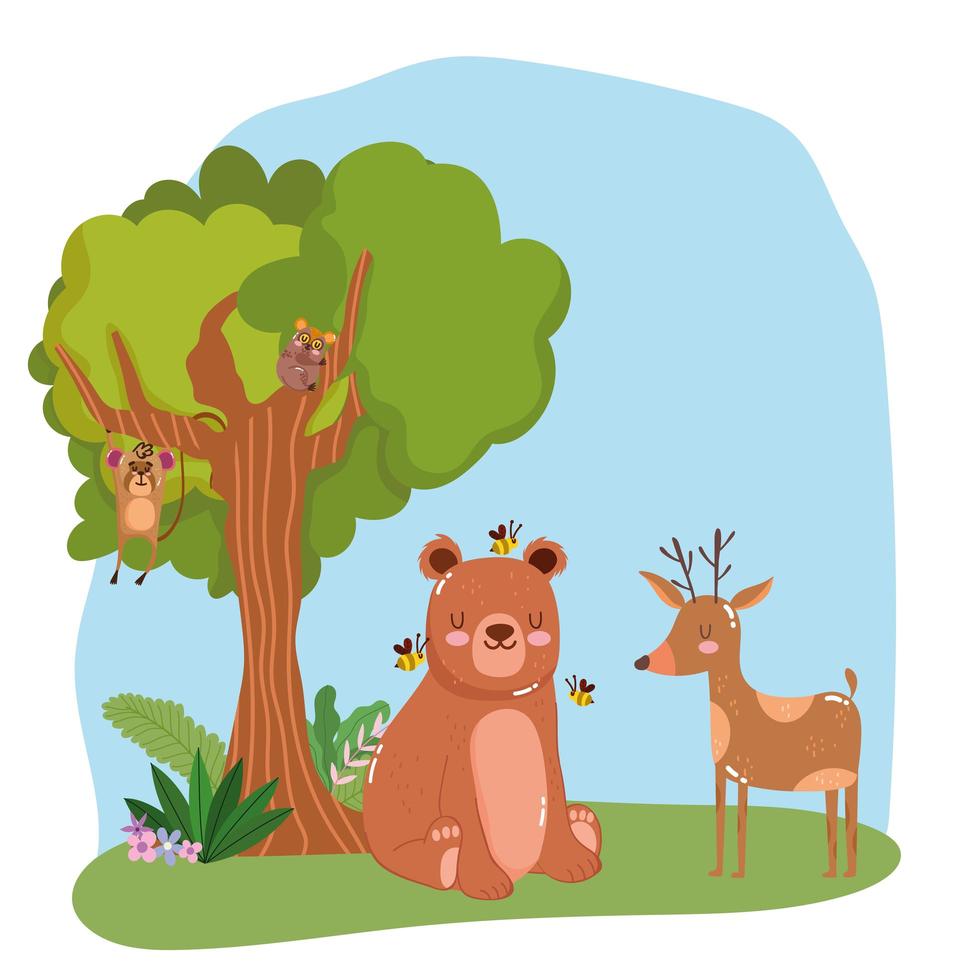 cute animals bear with bees and reindeer grass forest nature wild cartoon vector