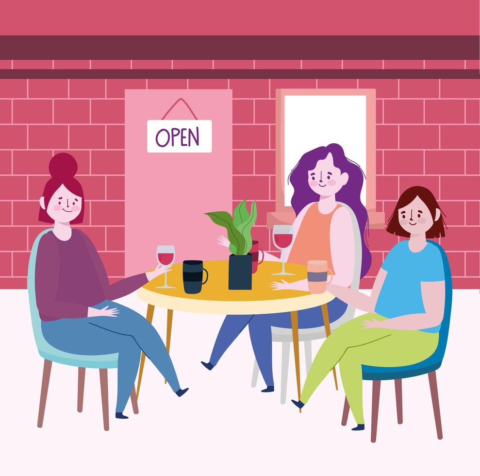 social distancing restaurant or a cafe, young women with coffee and wine cups in table, covid 19 coronavirus, new normal life vector