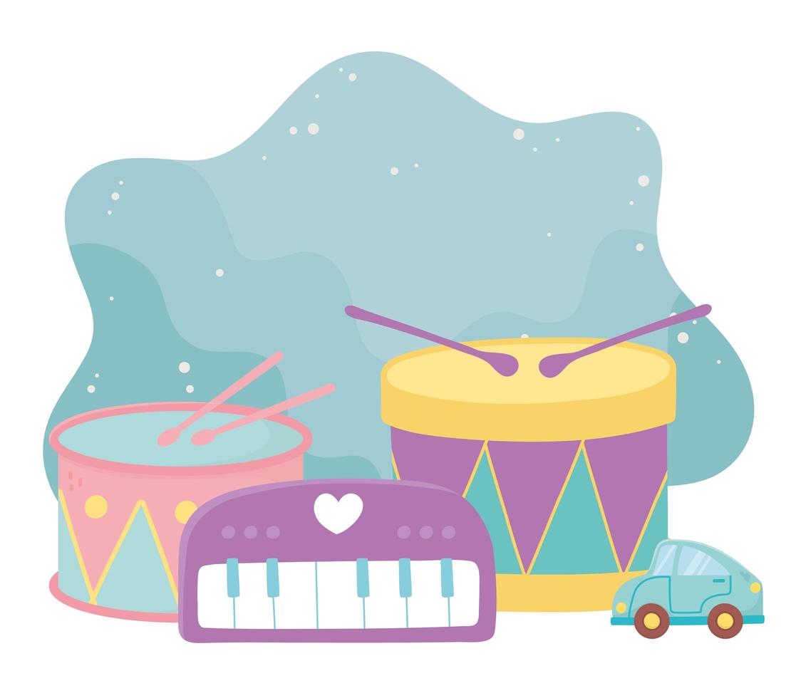 kids toys drums piano and car object amusing cartoon vector