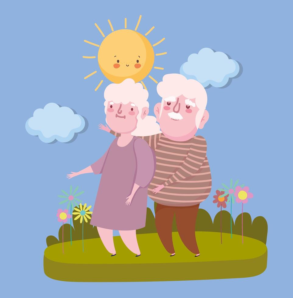 feliz día de los abuelos, abuelo y abuela parados juntos paisaje naturaleza dibujos animados vector