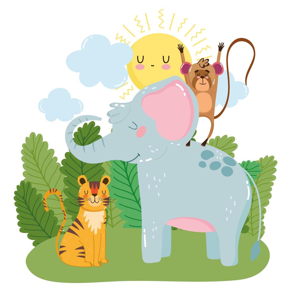 cute elephant monkey and tiger grass bushes nature wild cartoon vector