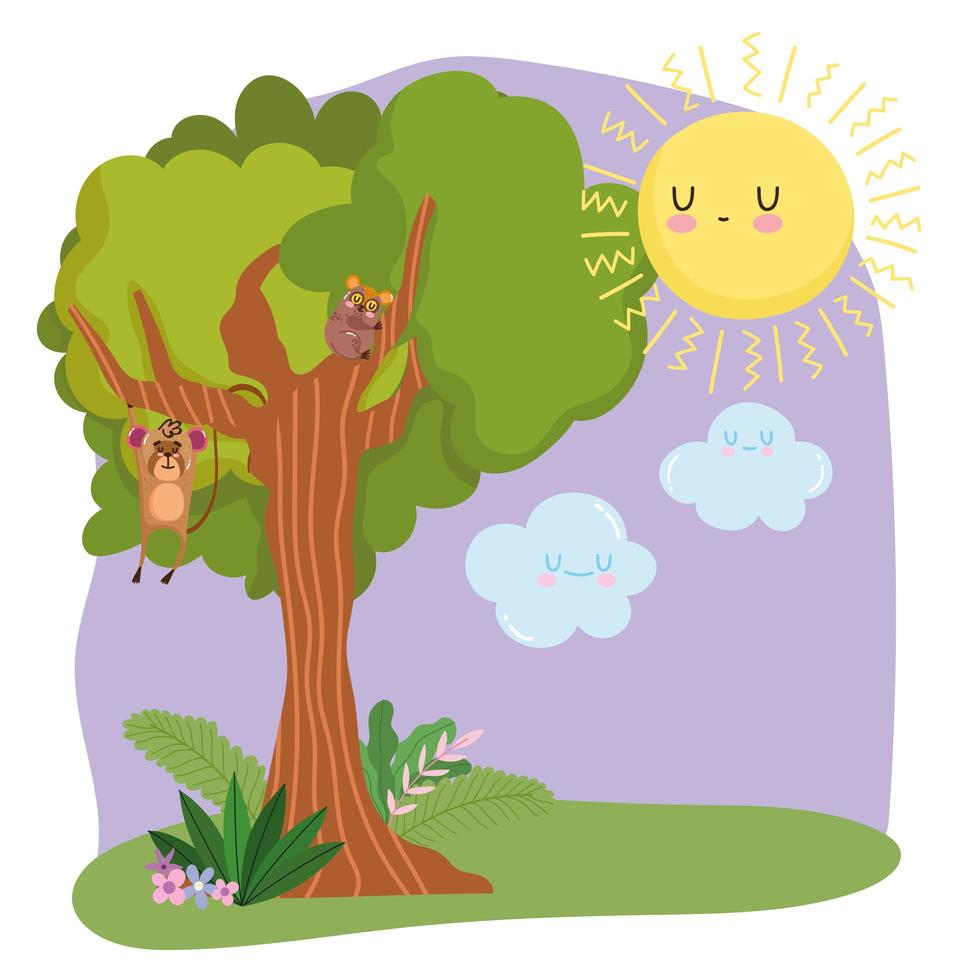 cute animals monkey hanging branch tree grass foliage nature wild cartoon vector