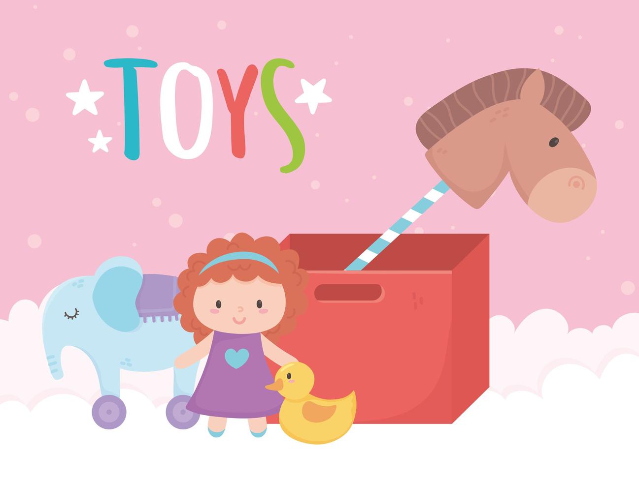 kids toys object amusing cartoon cardboard box with horse doll elephant and duck vector