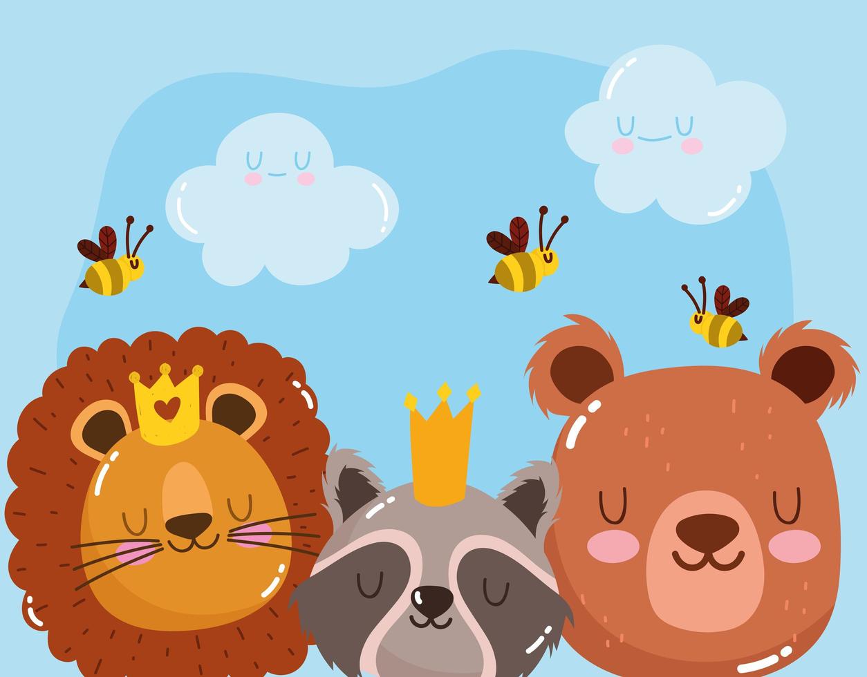 animales lindos caras adorables león oso mapache con abejas y coronas dibujos animados vector
