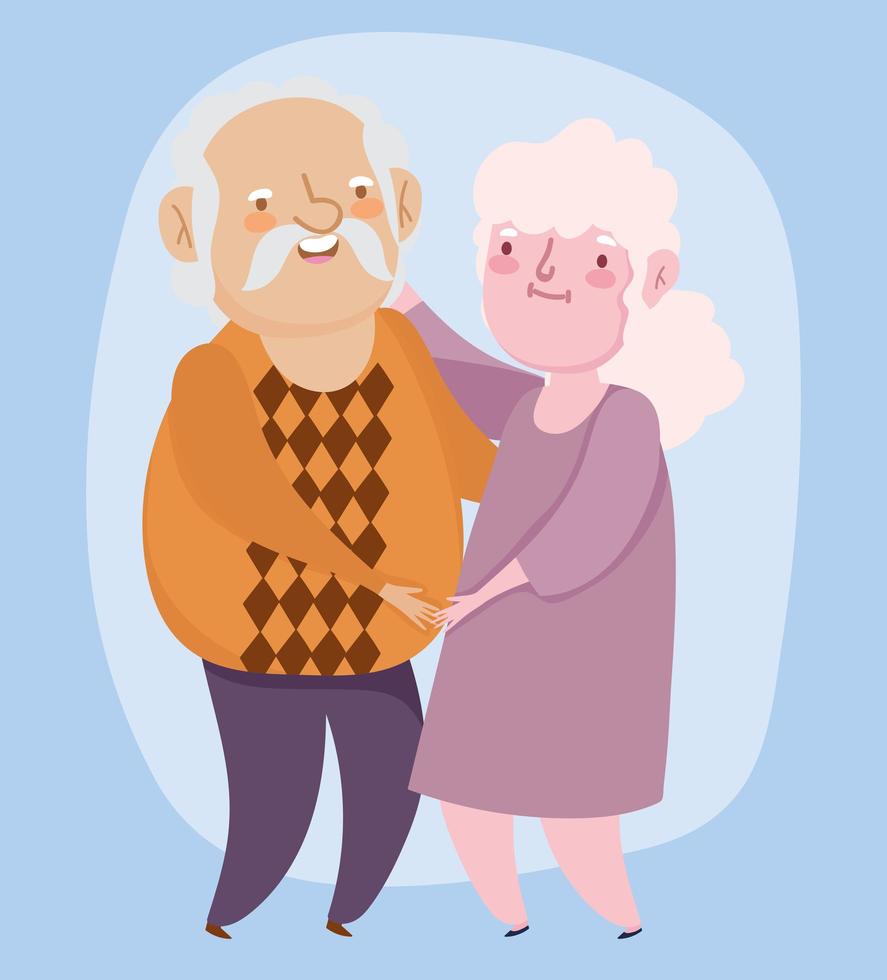 feliz día de los abuelos, pareja de ancianos abrazando dibujos animados, abuelo abuela personajes vector