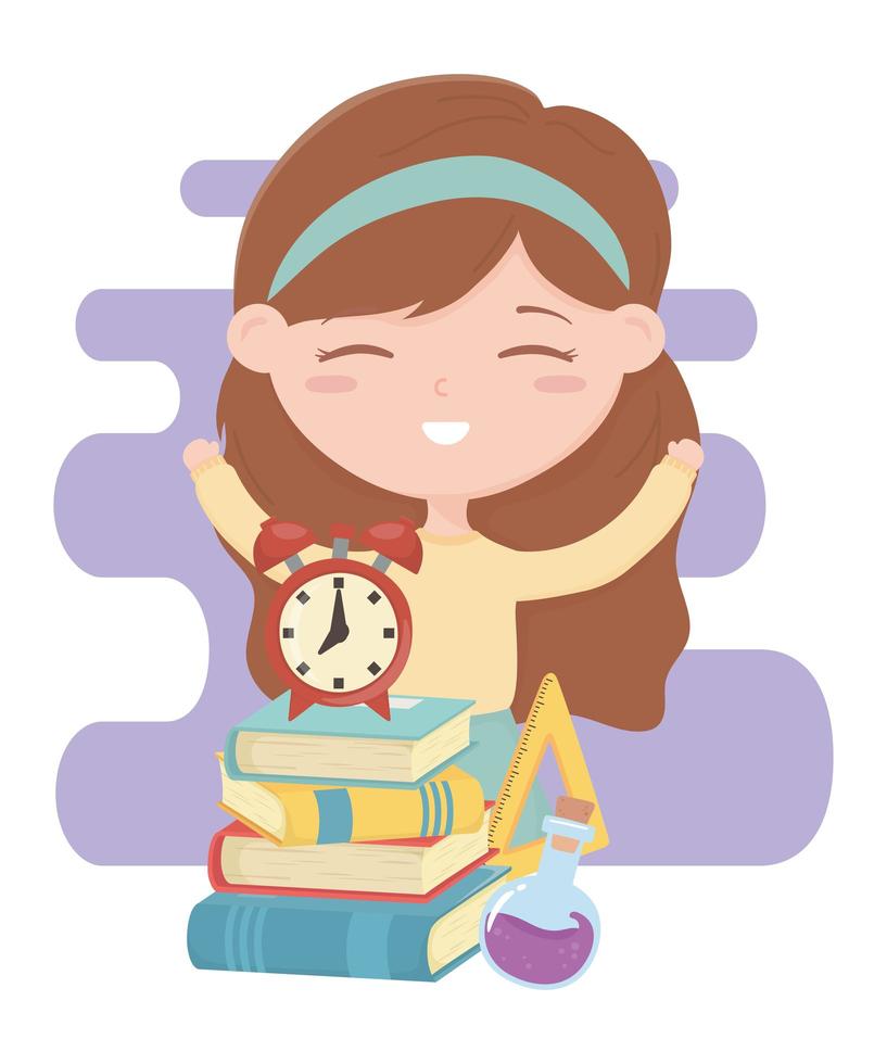 back to school, student girl with clock books and test tube education cartoon vector