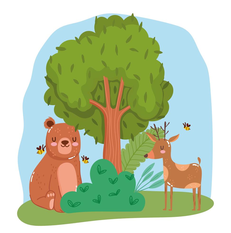 lindos animales oso con renos y abejas árbol arbusto hierba bosque naturaleza salvaje dibujos animados vector