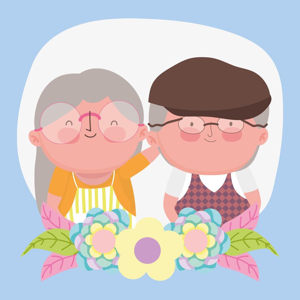 happy grandparents day, cute grandfather grandmother flowers decoration cartoon vector