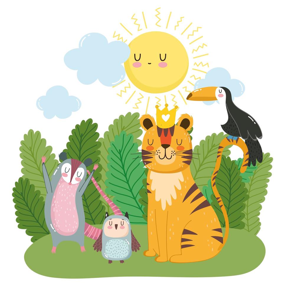 cute tiger toucan owl opossum on grass bushes nature wild cartoon vector