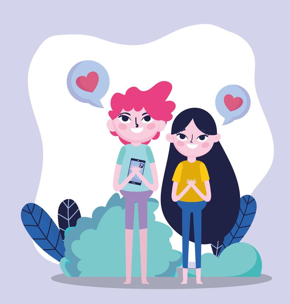chica y chico smartphone idea hablar amor mensaje redes sociales vector