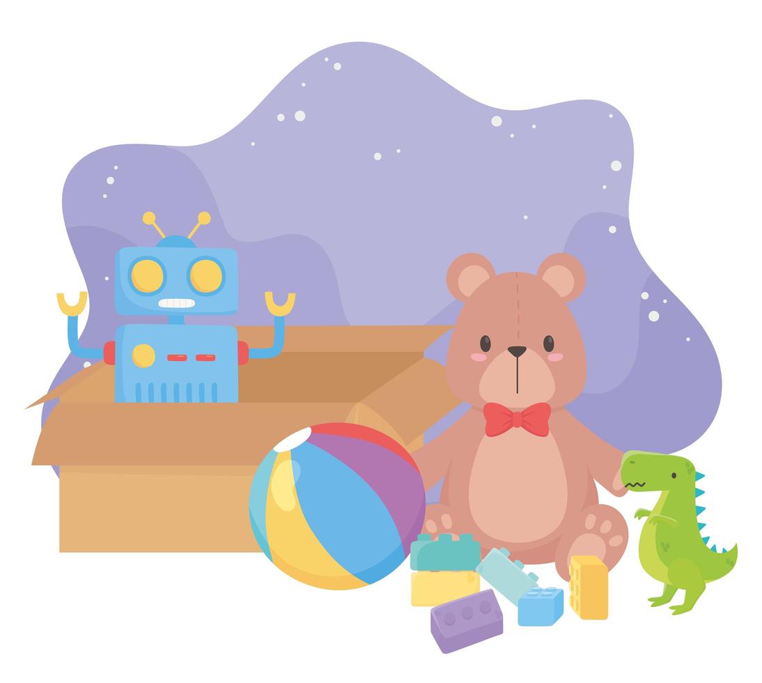 juguetes para niños objeto divertido caja de dibujos animados con robot oso de peluche bola dinosaurio y bloques vector