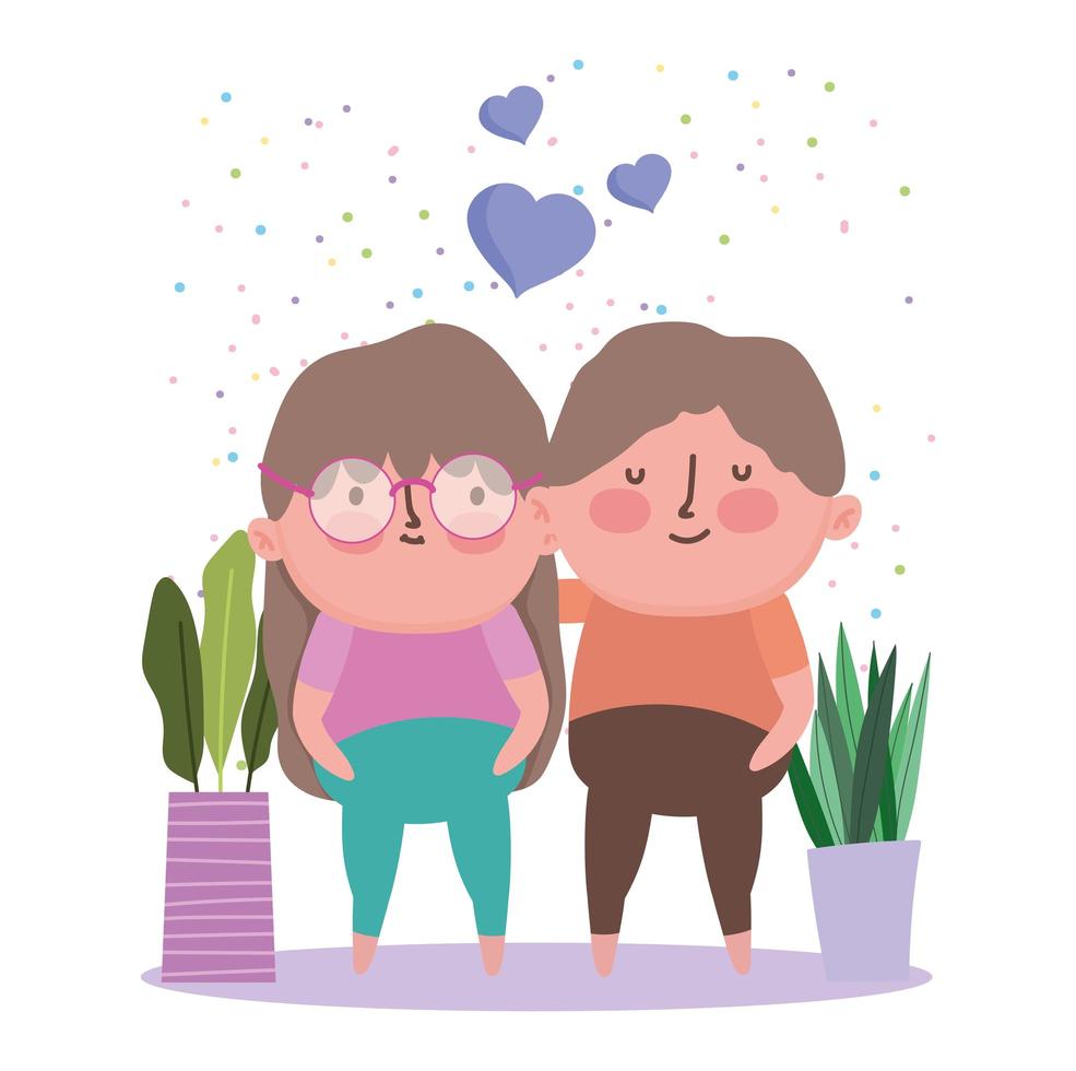 feliz día de los abuelos, abuelo abuela abrazando personaje de dibujos animados plantas en macetas vector