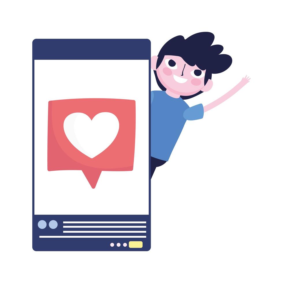 young boy with smartphone chat love social media vector