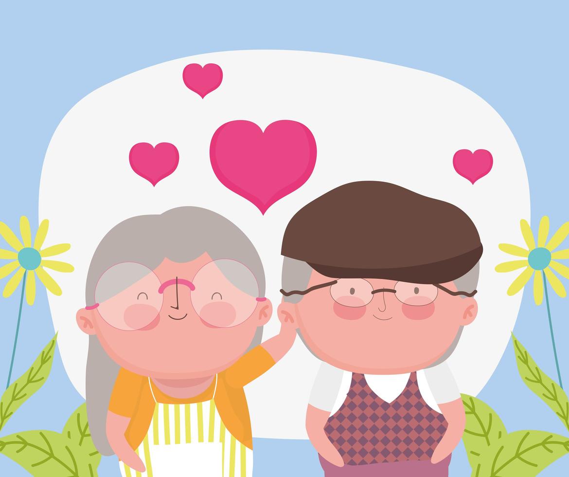 happy grandparents day, elderly couple cartoon, grandfather grandmother characters hearts love romantic vector