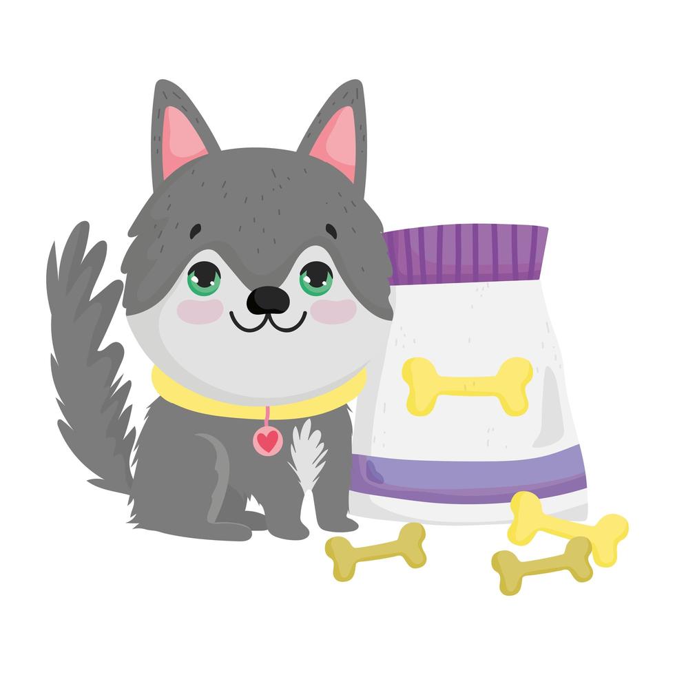 little dog sitting with collar food and bones pets vector