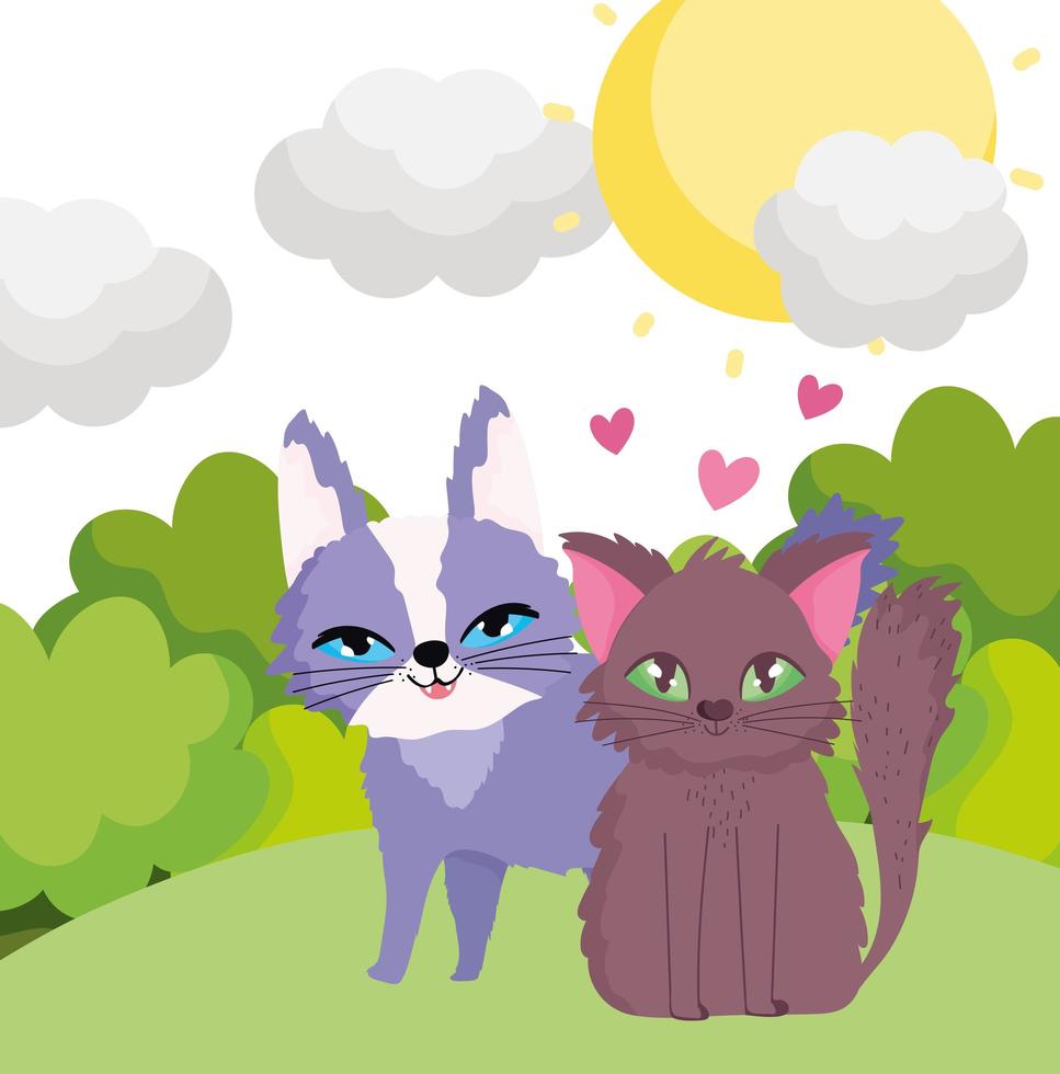 gatos de dibujos animados sentados en la hierba cielo naturaleza paisaje mascotas vector
