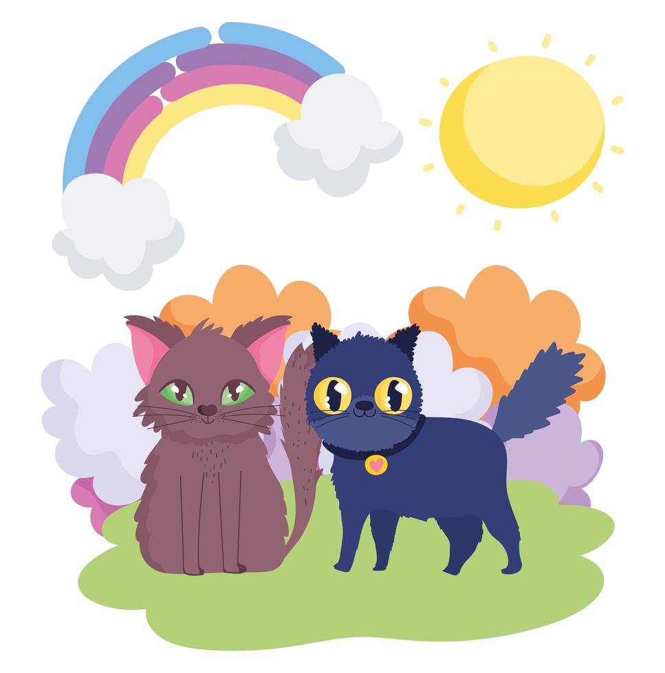 brown cat and black cat with collar landscape pets vector