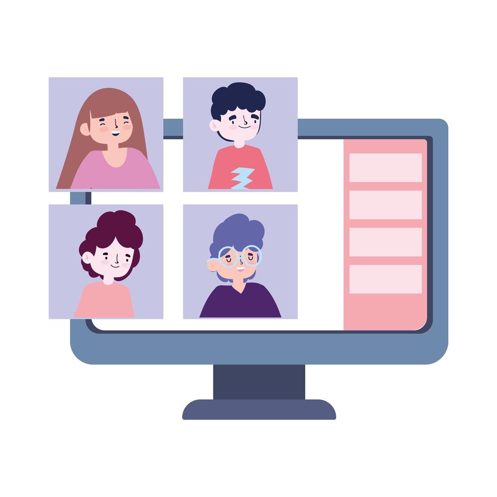 online party, meeting friends, people keep in touch using video call on laptop vector