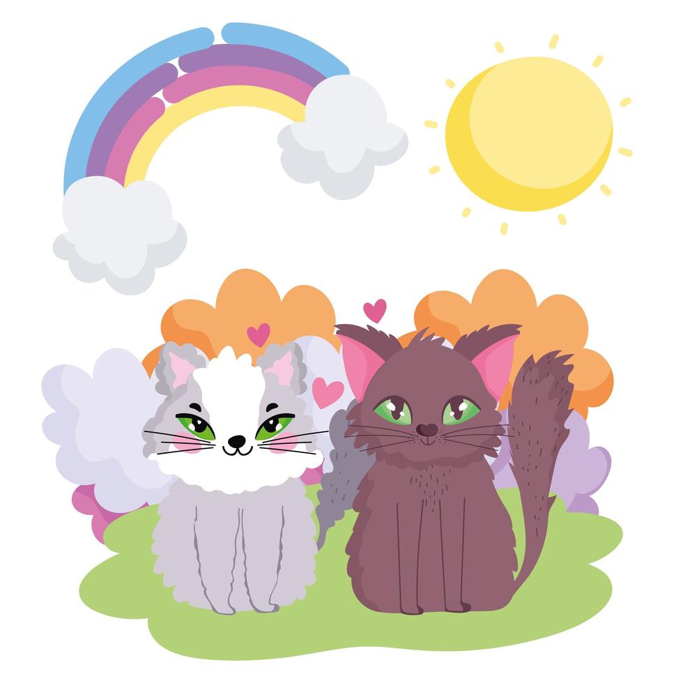 adorables gatos sentados en la hierba sol tema mascotas vector