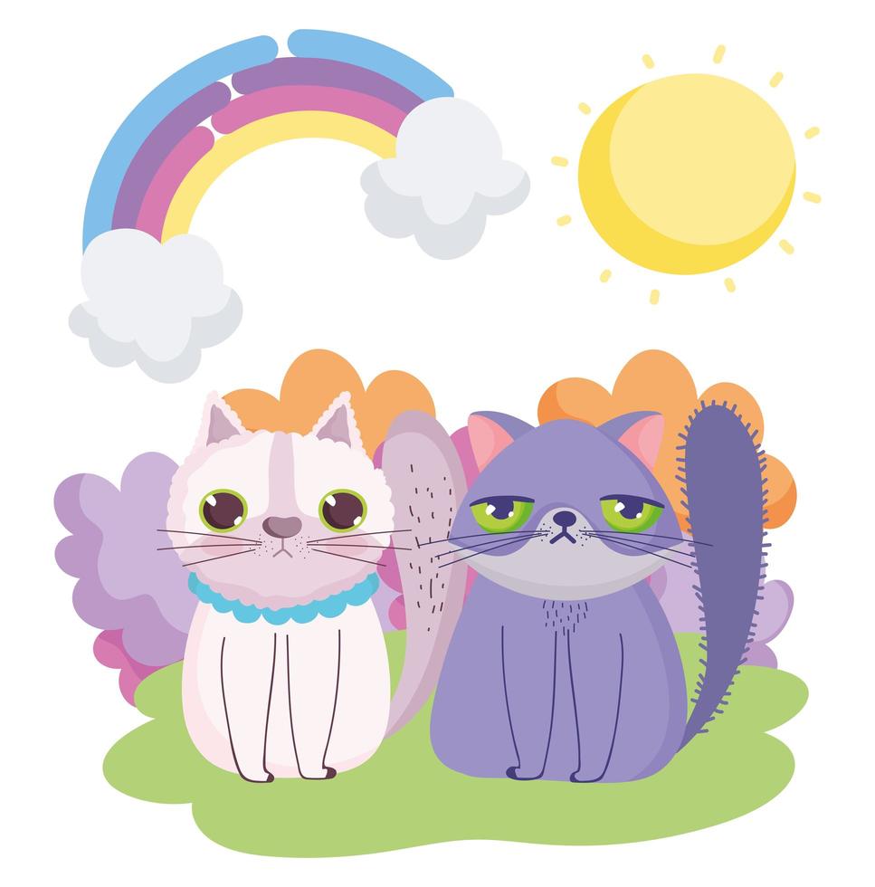 gatos de dibujos animados sentados en la hierba cielo mascotas vector