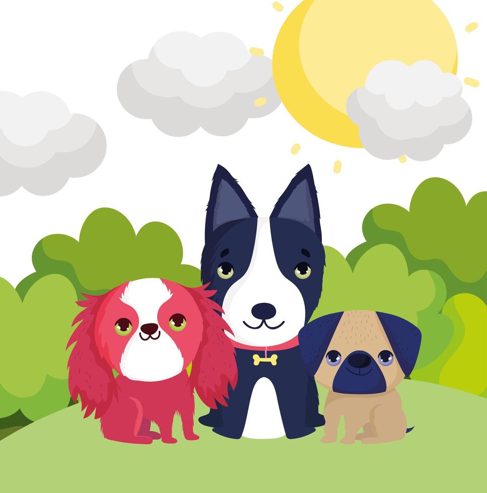 perritos sentados en la hierba paisaje dibujos animados mascotas vector