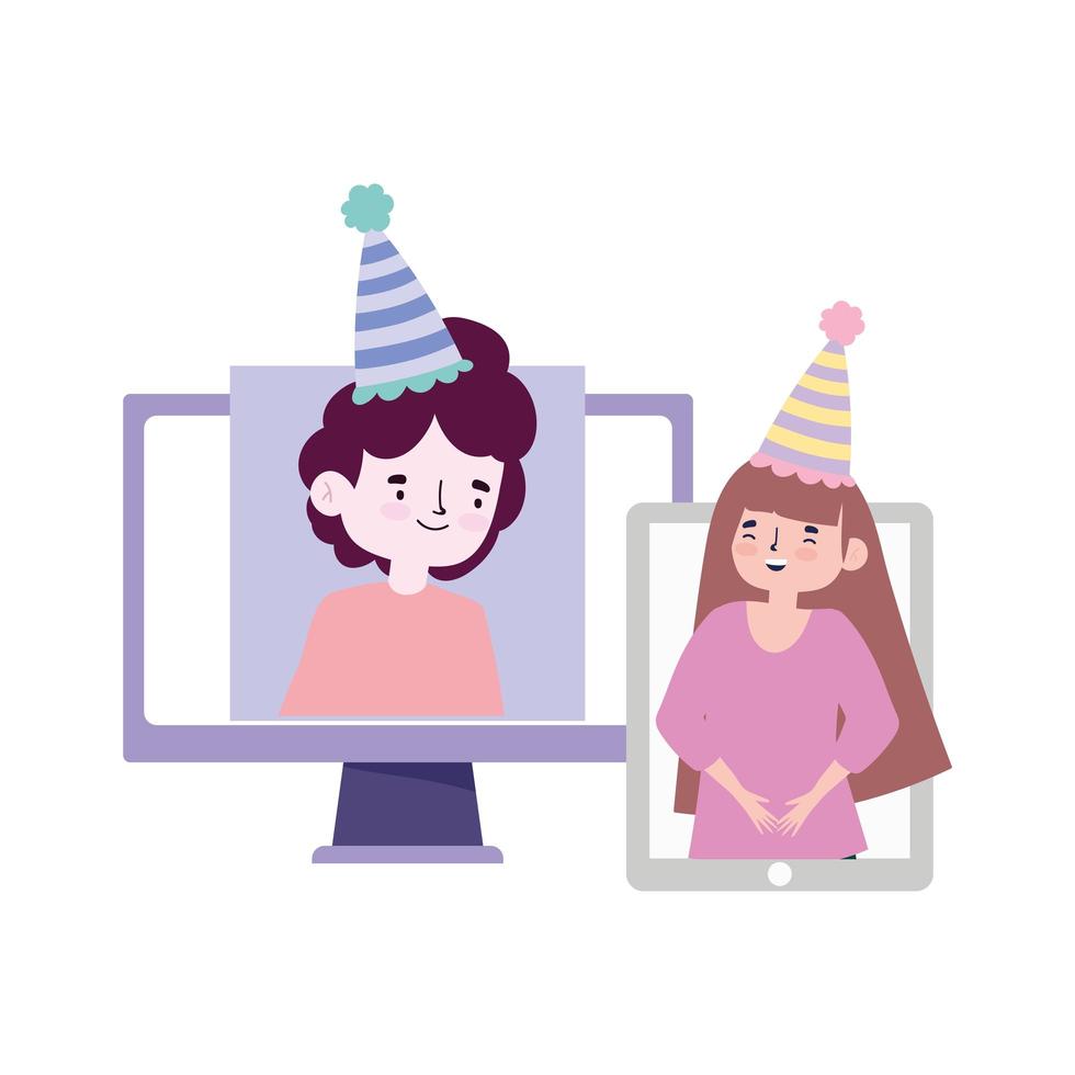 Fiesta en línea, reunión de amigos, videollamada, teléfono inteligente y pareja de computadora celebrando cumpleaños con vino vector