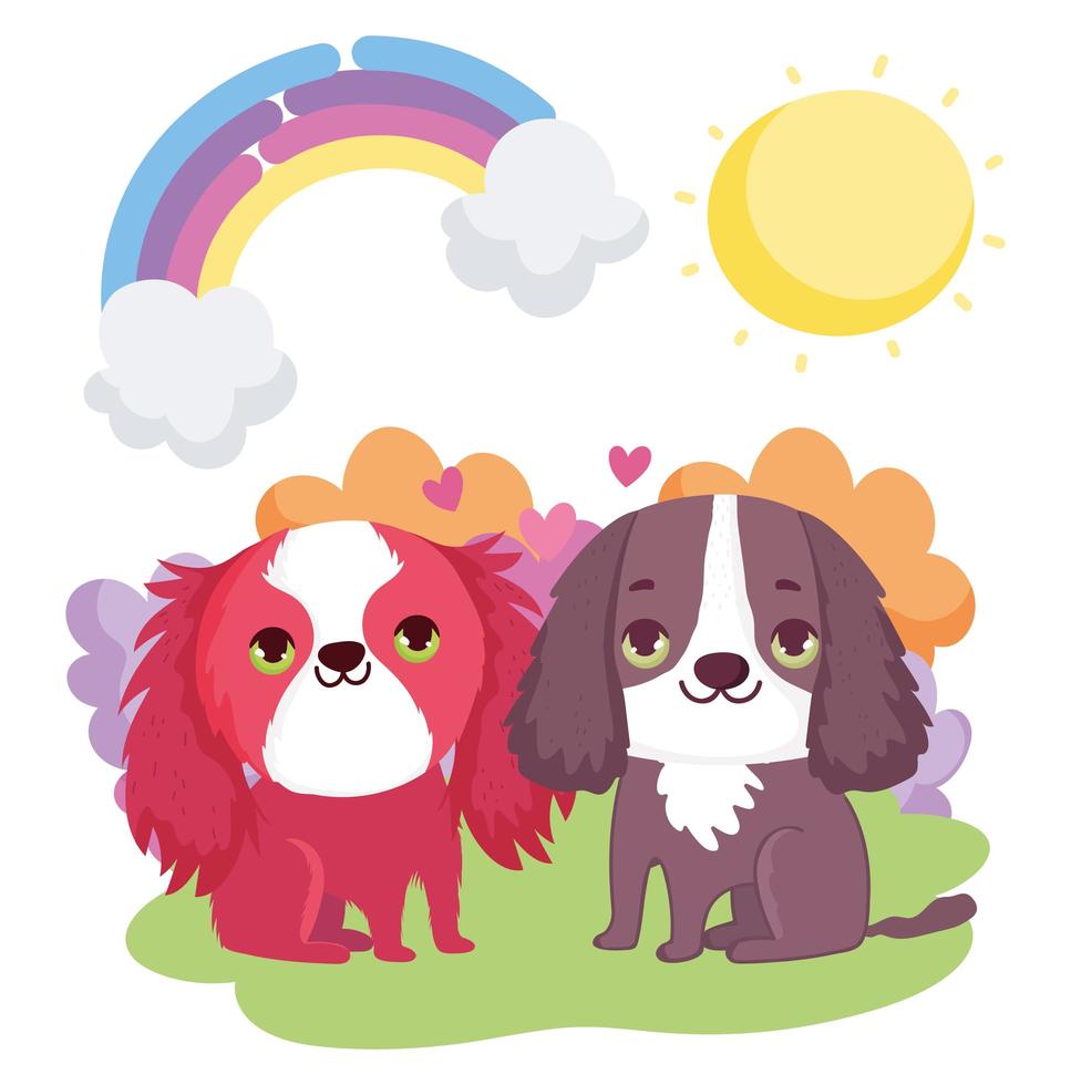 lindos cachorros sentados arcoíris sol nubes mascotas vector