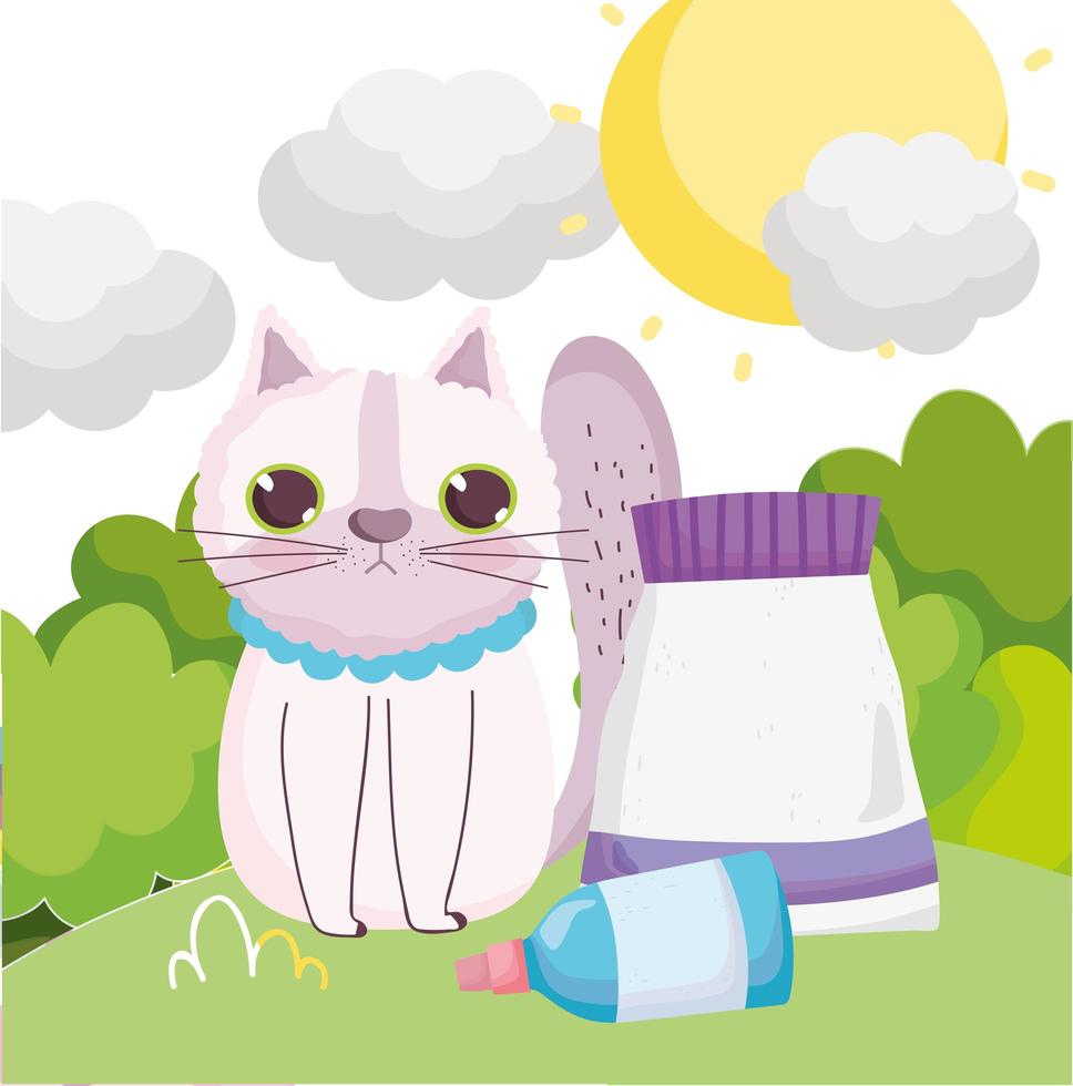 sad cat sitting with food pets vector