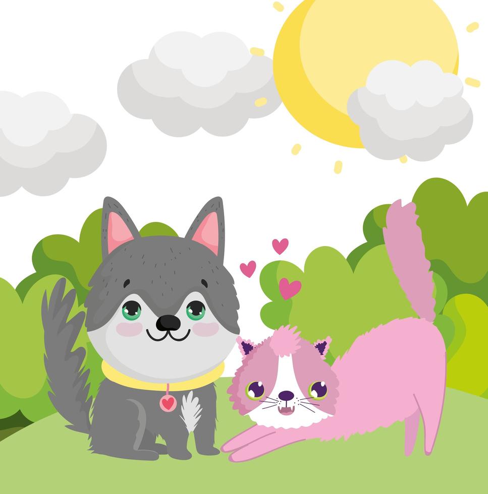 Perro husky y gato en la hierba al aire libre encantadoras mascotas vector