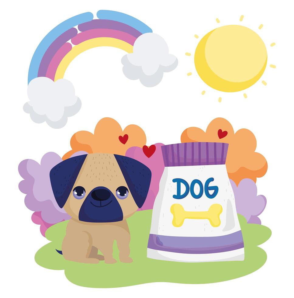 perrito pug con comida sol arco iris paisaje mascotas vector