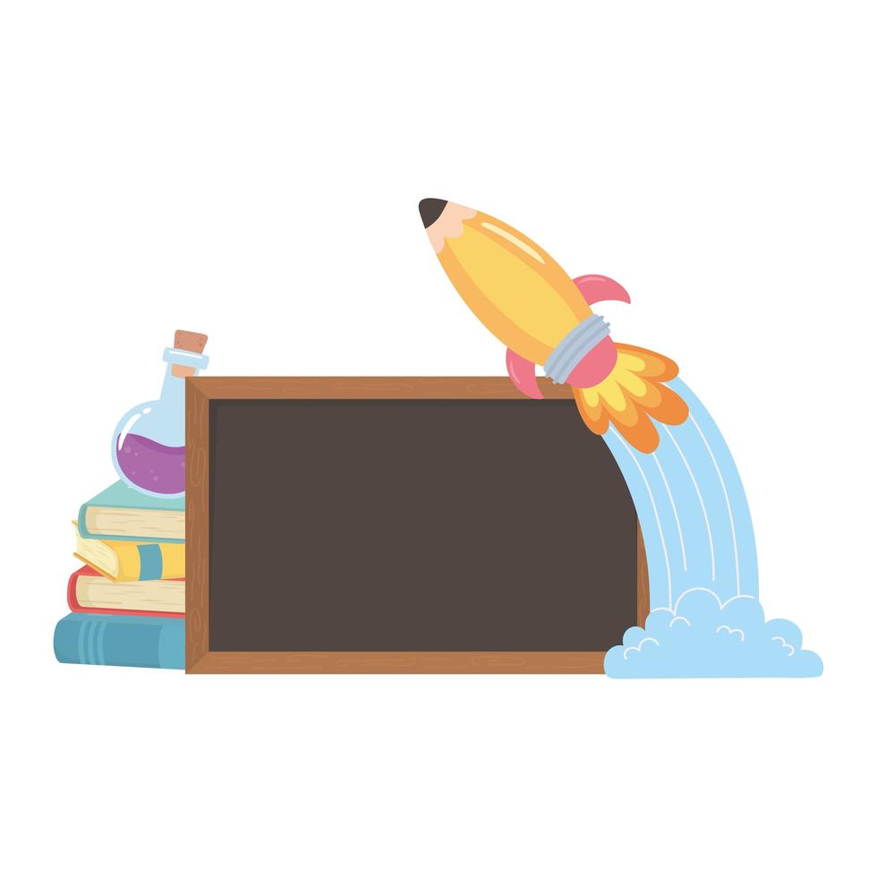 back to school, flying rocket blackboard and books education cartoon vector