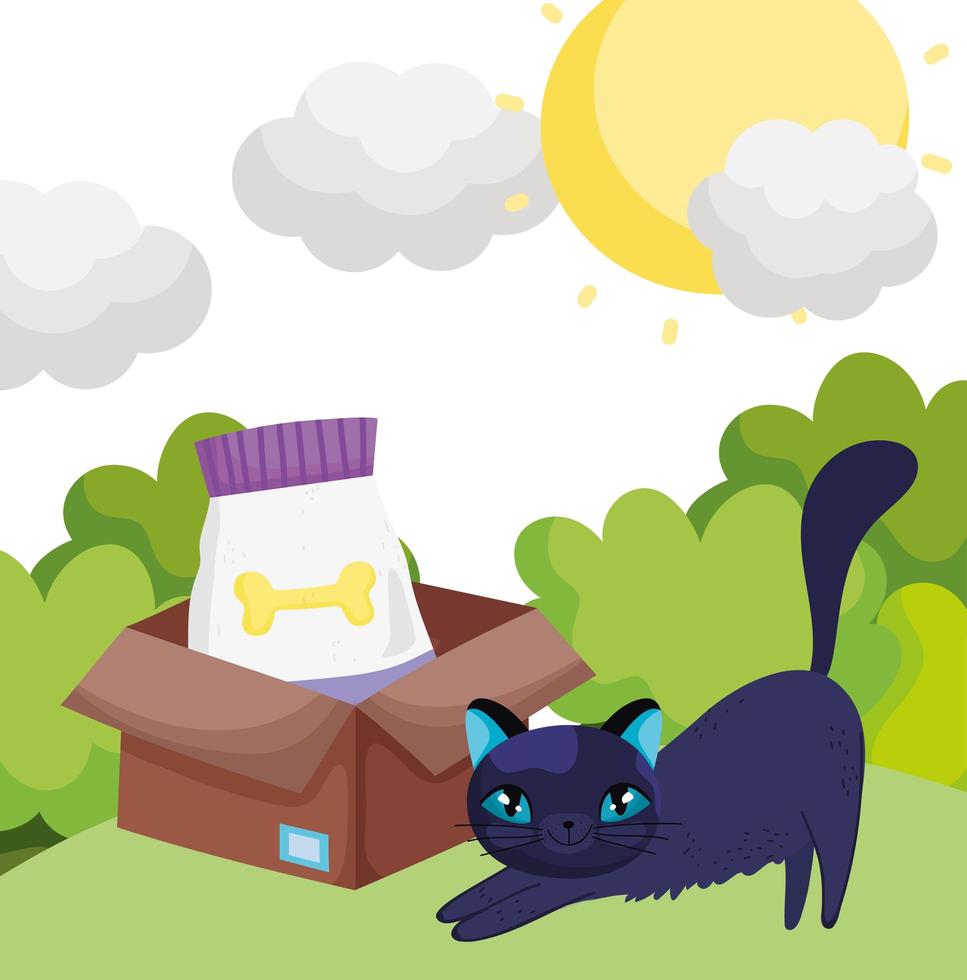 gato con comida en caja mascotas al aire libre vector