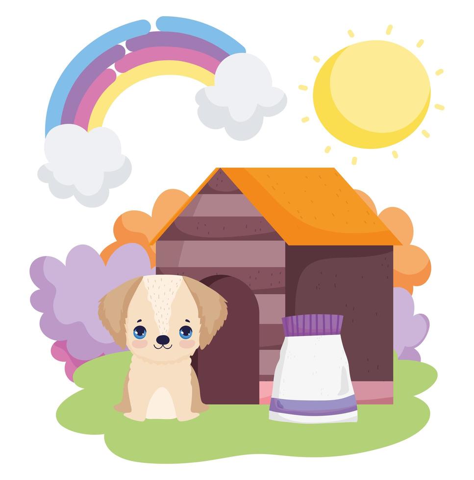 dog sitting in house with food package pets vector