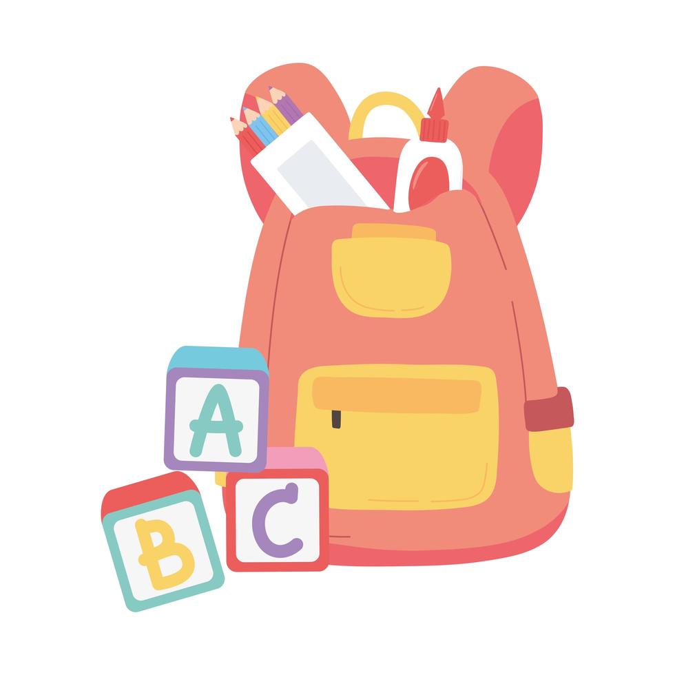 regreso a la escuela, mochila, pegamento, lápices, bloques, alfabeto, educación, caricatura vector