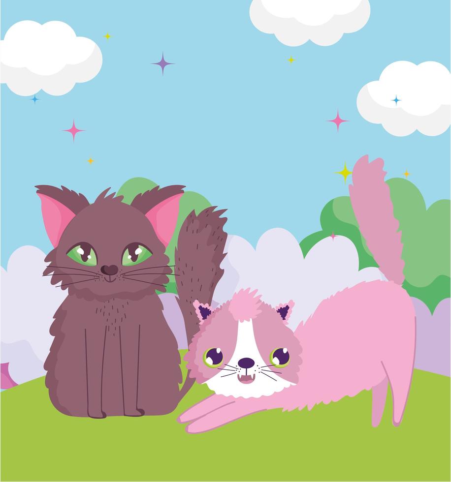 cats stretching and sitting in the grass outdoor pets vector