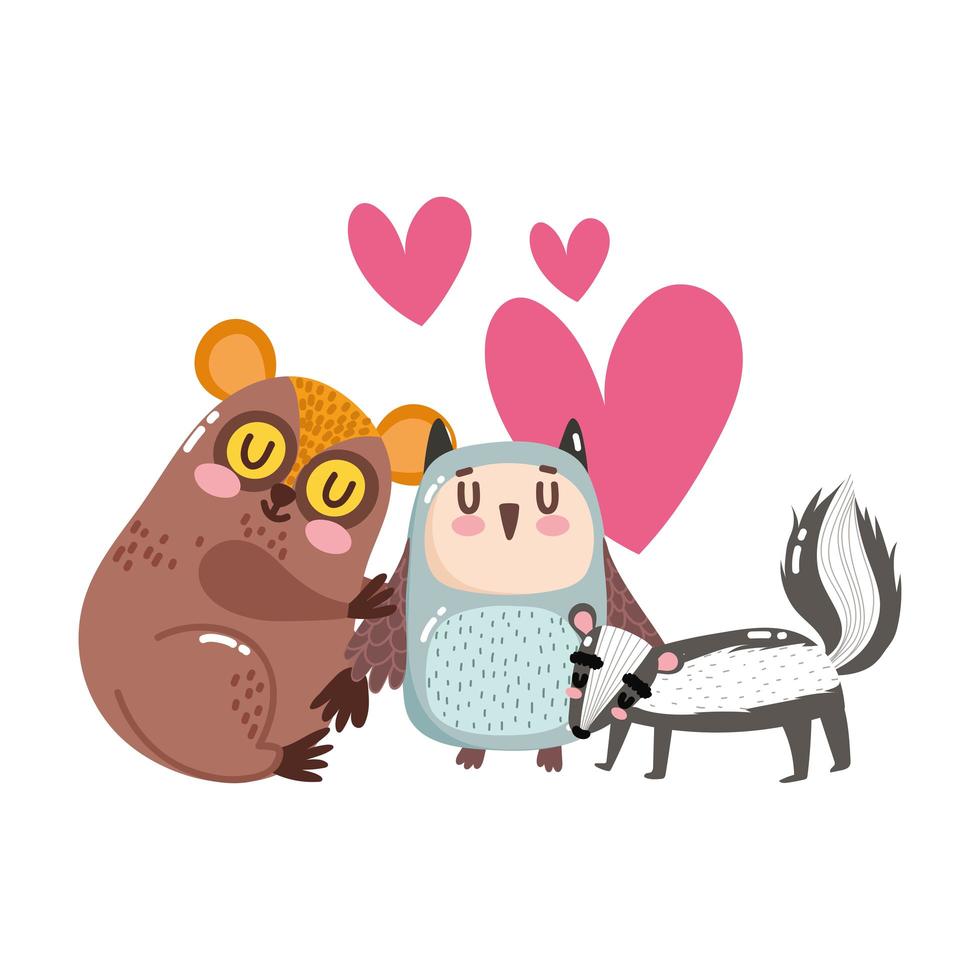 lindo animal adorable pequeño tarso mofeta y búho corazones dibujos animados vector