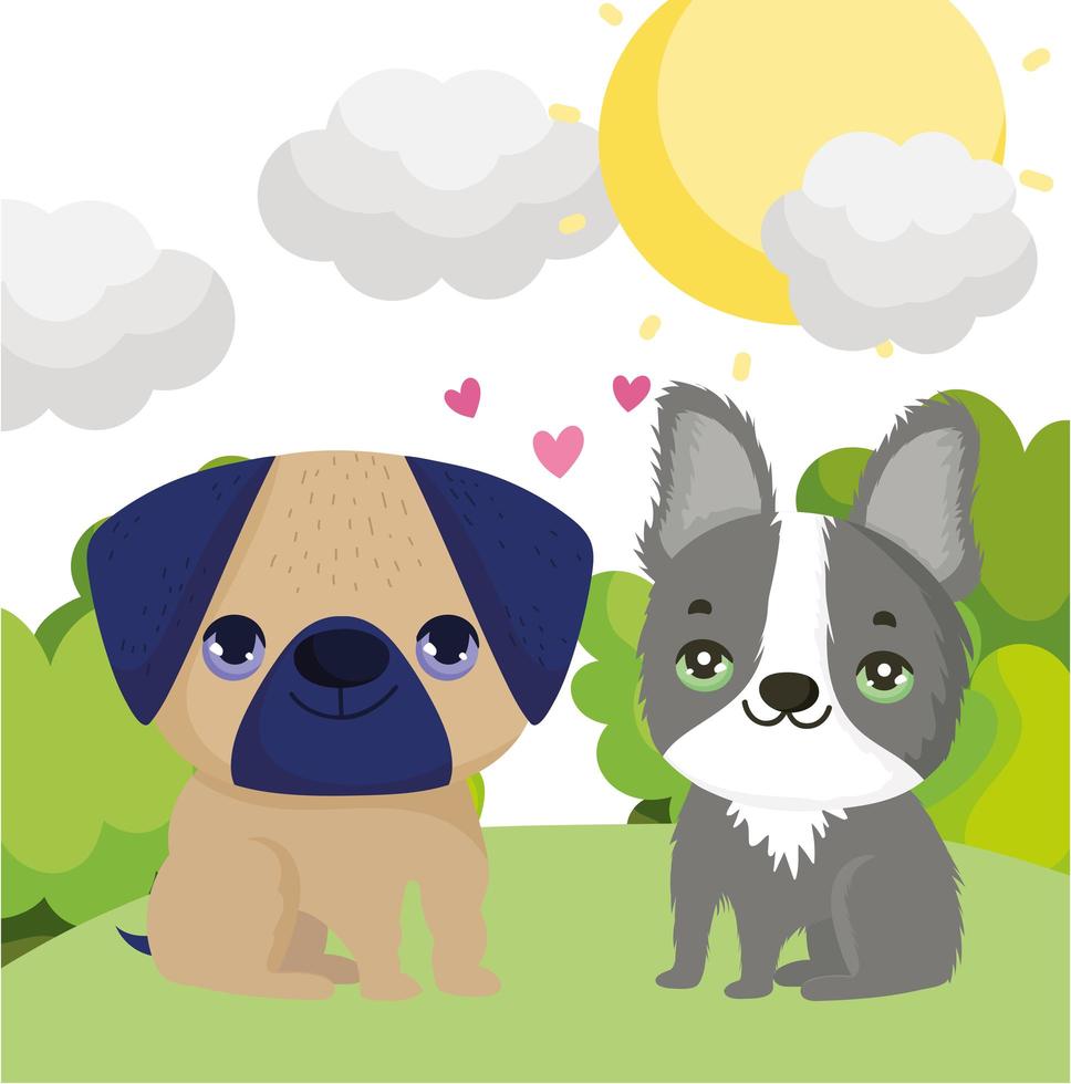 perros pug y boston terrier sentados en la hierba mascotas vector