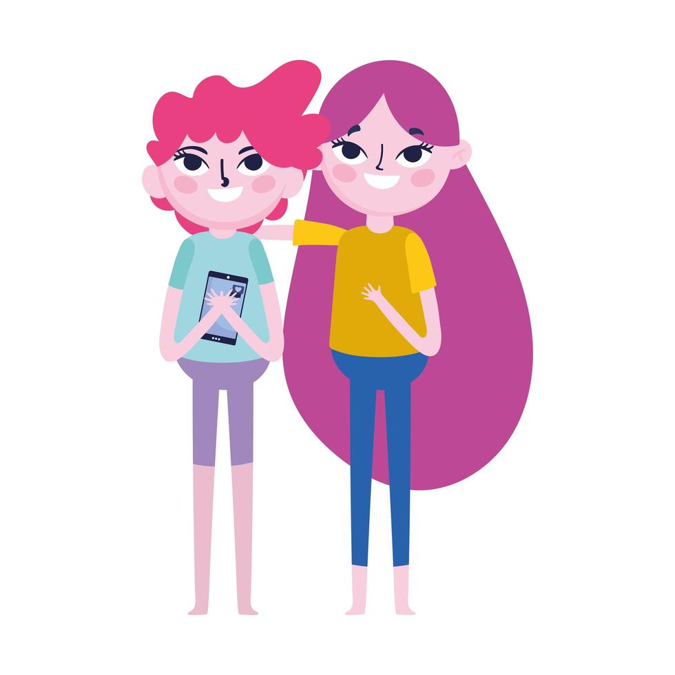 teen boy with smartphone and girl together social media vector
