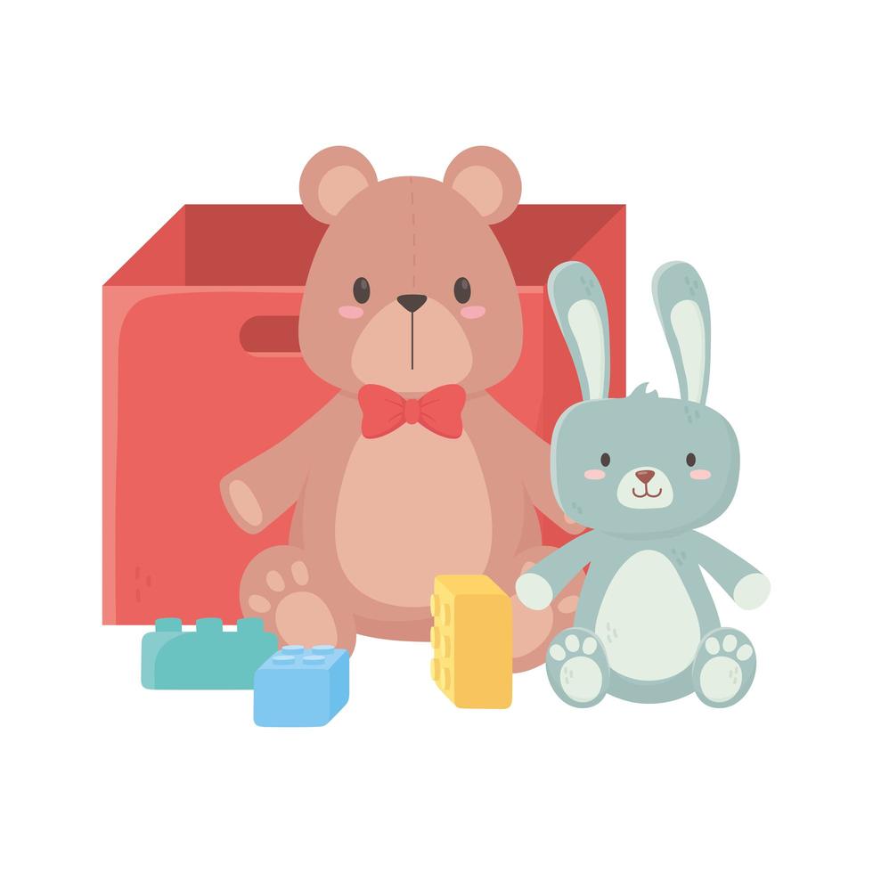 Juguetes para niños oso de peluche bloques de conejo y objeto de caja divertida caricatura vector