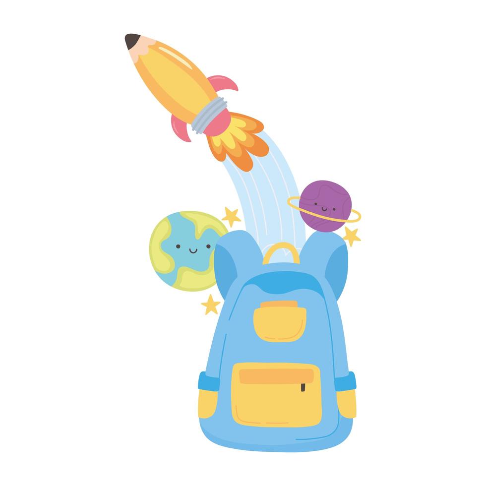 regreso a la escuela, mochila cohete y dibujos animados de educación plane vector