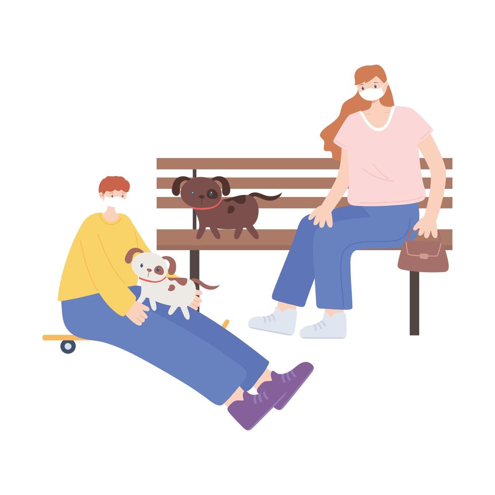 personas con mascarilla médica, mujer sentada en un banco y niño con patines y perros, actividad de la ciudad durante el coronavirus vector