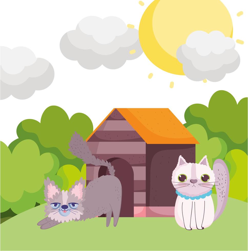 dibujos animados de gatos en la hierba con mascotas de la casa vector