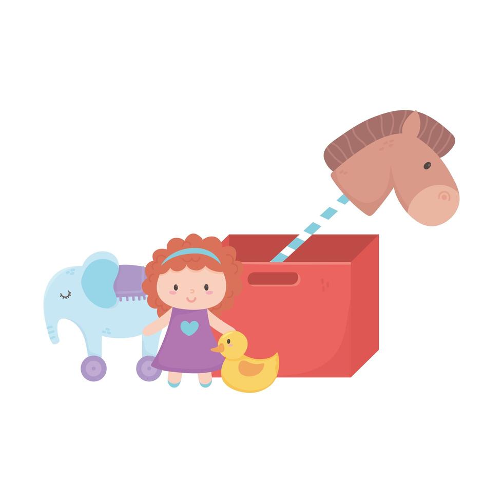 kids toys object amusing cartoon cardboard box with horse doll elephant and duck vector
