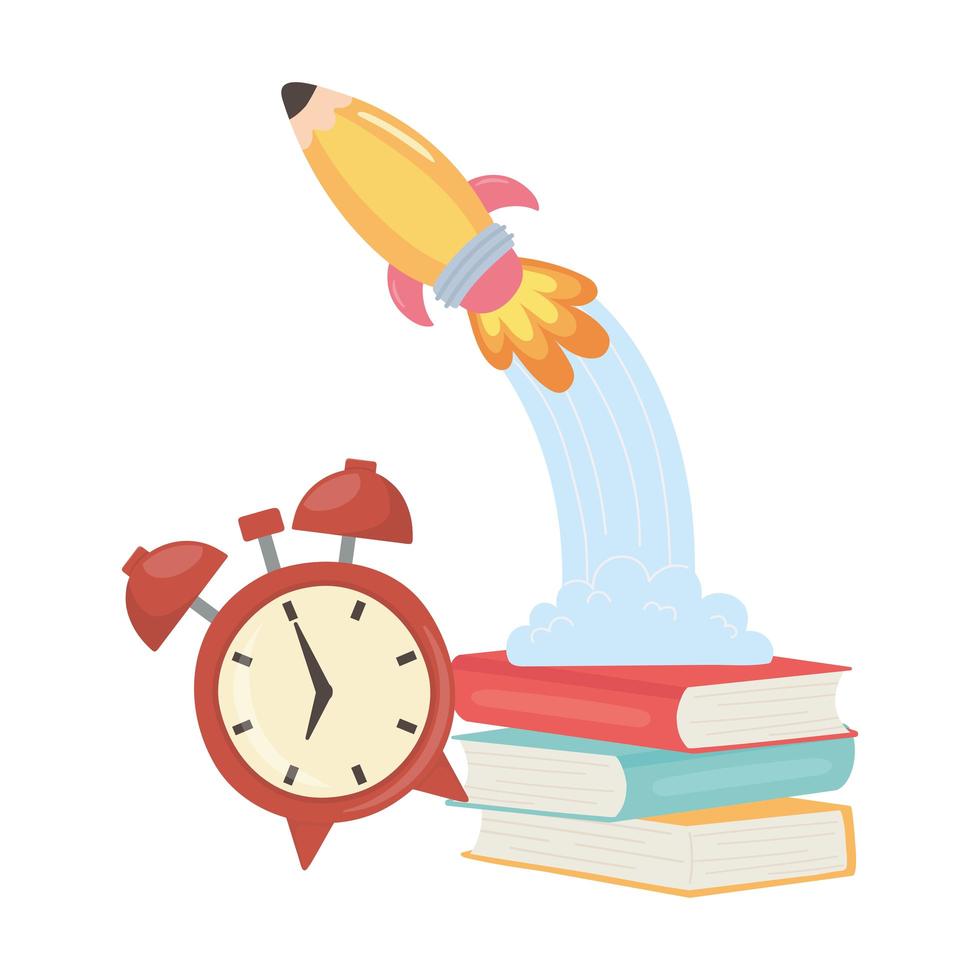 back to school, books alarm clock and rocket education cartoon vector