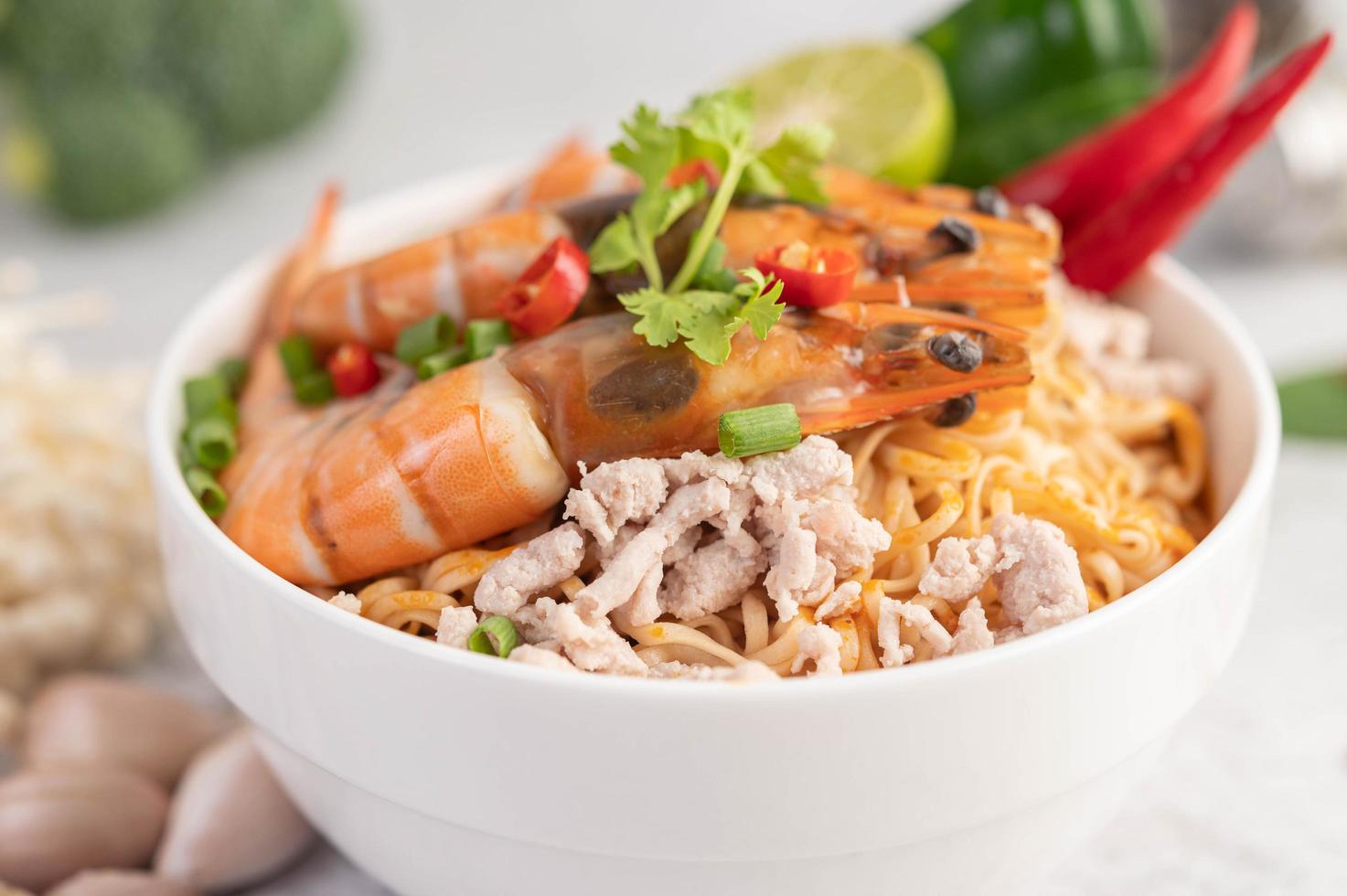 Instant noodles stir-fried with shrimp and pork photo
